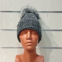 Нова зимна дамска шапка СилвърСтар сив меланж без подгъв в помпон/пух, снимка 8 - Шапки - 35512324