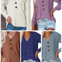 Дамски ежедневен моден плетен пуловер с V-образно деколте, 5цвята - 023, снимка 1 - Блузи с дълъг ръкав и пуловери - 39728807