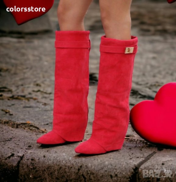 Ботуши на платформа - червен велур - K-40, снимка 1