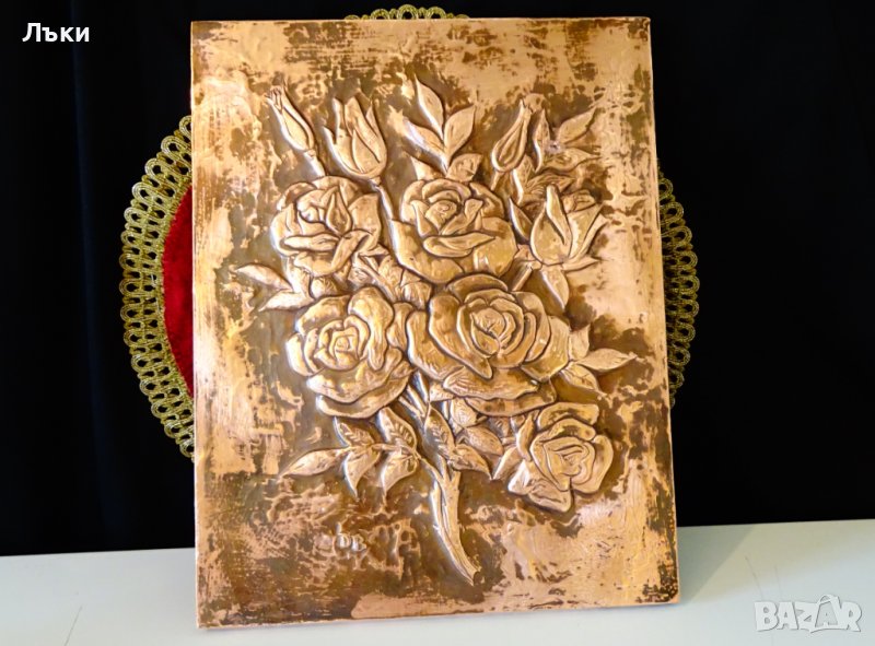 Медно пано Рози,медна картина,подписана. , снимка 1
