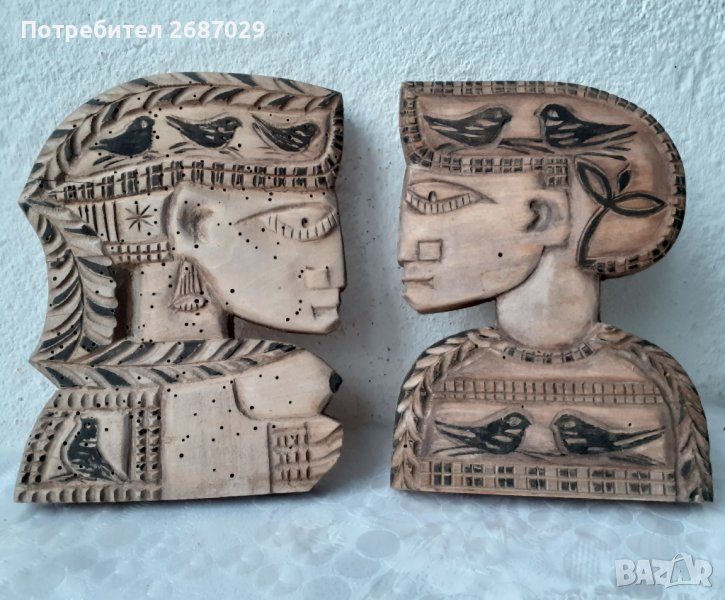 момче момиче  2 броя дървени, дърво дърворезба, пано глава, снимка 1