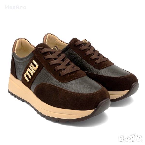 Дамски кафяви обувки от естествена кожа с платформа и златист акцент, снимка 1