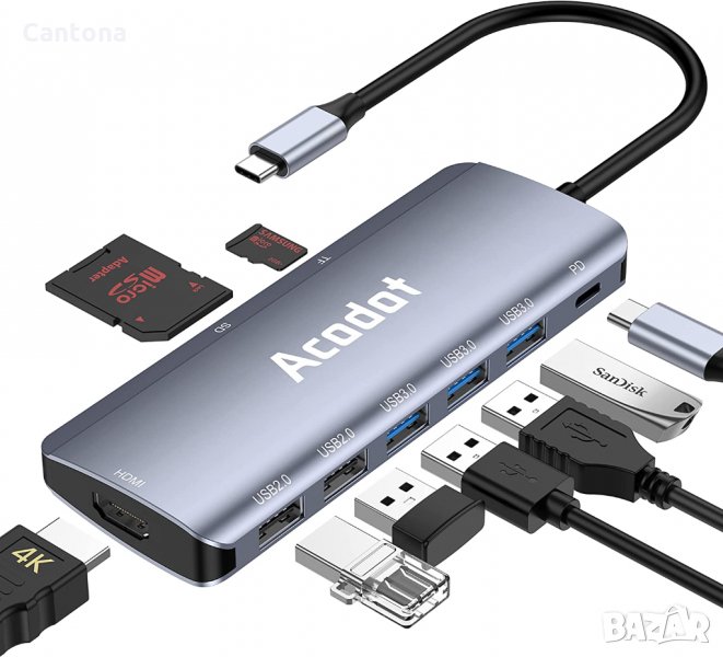 Acodot USB C хъб 9 в 1, HDMI, 3хUSB 3.0, 2хUSB 2.0, PD 100 W захранване, Micro SD / TF четец на карт, снимка 1