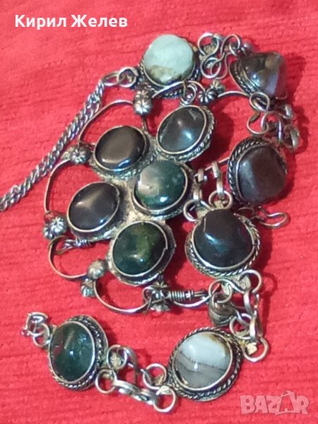 СТАРА СКЪПОЦЕННА ЕТНО СТИЛ ОРИЕНТАЛСКА ПОСРЕБРЕНА ОГЪРЛИЦА НАТУРАЛНИ КАМЪНИ НЕФРИТ АХАТ ЯСПИС 70881 , снимка 1