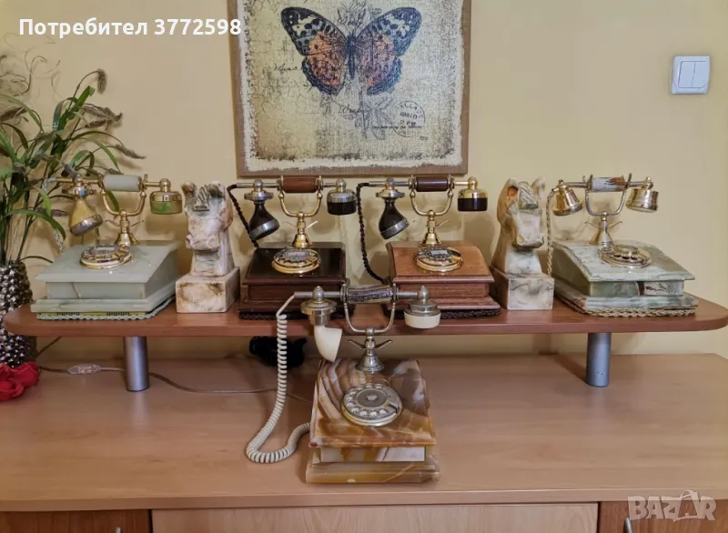 Нощна лампа, старинен ретро домашен телефон от бронз, мрамор и дърво, снимка 1