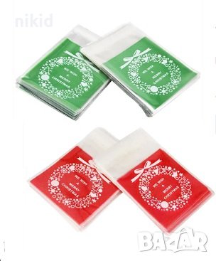 50 Коледен венец червен зелен бял новогодишни опаковъчни пликчета торбички за дребни сладки подаръци, снимка 1