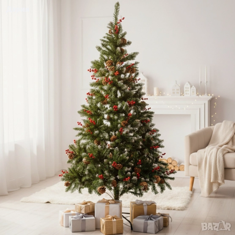 Изкуствена елха Luxury Diamond с червен глог и шишарки, снимка 1