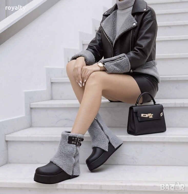Боти на платформа - черно със сиво кожа, снимка 1