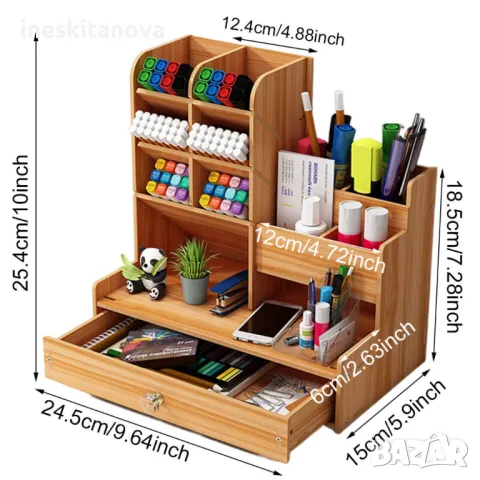 ‼️Дървен органайзер за бюро с чекмедже и многосекционно съхранение‼, снимка 3 - Органайзери - 48989636