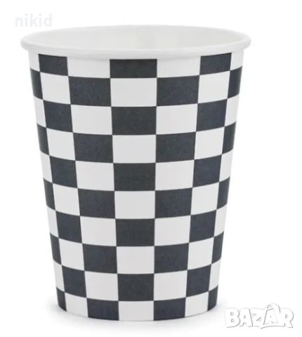 черно бели квадрати Рали шах мат 6 бр картонени чаши парти рожден ден, снимка 2 - Чаши - 26692972