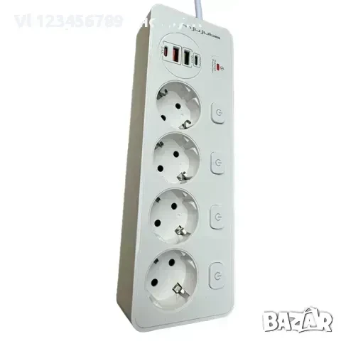Разклонител защита от пренапрежение, 4 гнезда, 2 USB, 2 Type-C, 3250W, бял, 2 м
