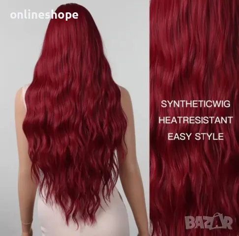 Дълга червена коса перука с бретон – Дължина : 76 см - Термоустойчива, снимка 6 - Аксесоари за коса - 49663340