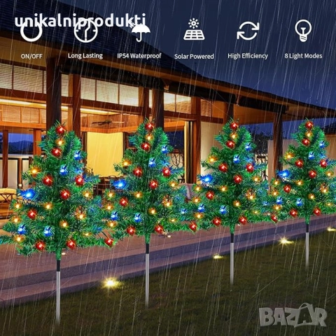 Соларна коледна елхичка 70см зелени клонки многоцветни LED лампички с шоу програми, снимка 2 - Декорация за дома - 52263069