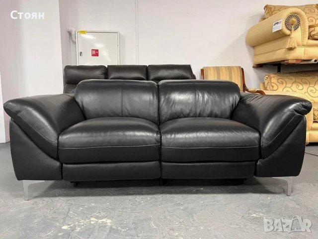 Черен кожен диван двойка с електрически релаксиращ механизъм, снимка 5 - Дивани и мека мебел - 39973439