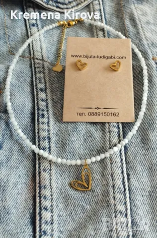 Комплект обеци и чокър от ларимар и сърца от златна стомана. Бижута Луди гъби., снимка 2 - Бижутерийни комплекти - 50164751