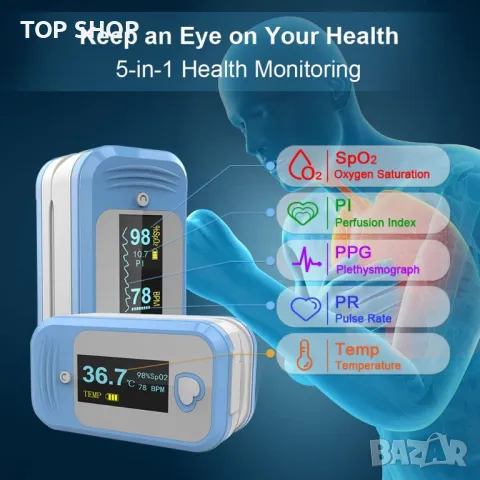 MED LINKET 5в1 пулсов оксиметър на върха на пръста -кислородна сатурация,температура,пулсова честота, снимка 4 - Друга електроника - 48623917