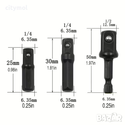 Комплект адаптери за бормашина с шестостенна опашка, 1/2", 3/8", 1/4" - 8 бр., снимка 3 - Бормашини - 51972835