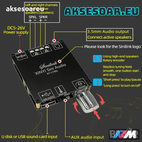 Нов мощен висококачествен мини Стерео цифров усилвател Клас D 2 X 100W с Bluetooth 5.0 AUX жак и USB, снимка 14 - Ресийвъри, усилватели, смесителни пултове - 48679557