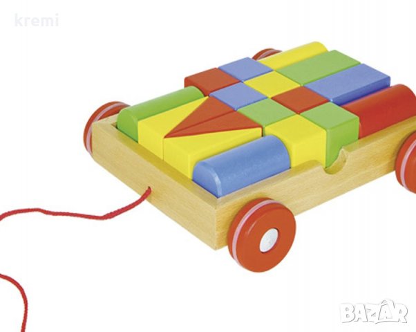 НОВ! Goki дървен конструктор с количка за дърпане 