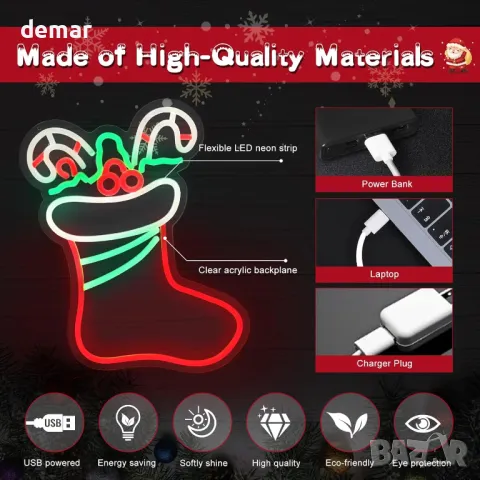 Коледна LED неонова табела WingFly, с USB захранване (коледен чорап), снимка 3 - Декорация за дома - 48209422