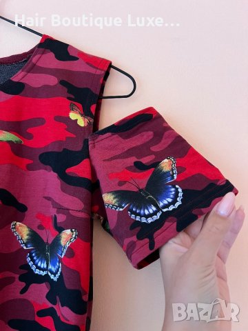 Червена камуфлажна рокля с пеперуди 🦋 , снимка 5 - Рокли - 43838735