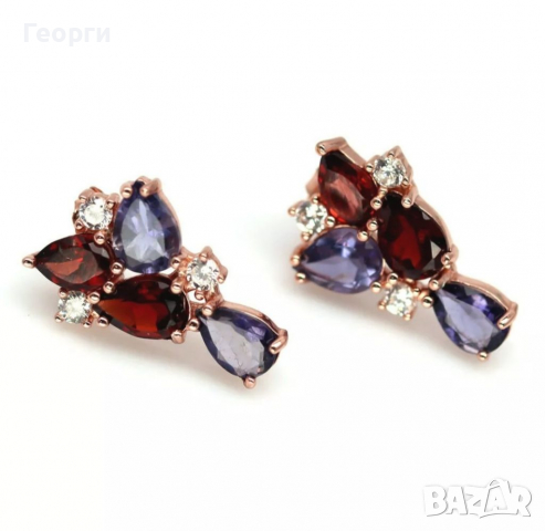 Изящни дамски сребърни обеци с пурпурен Иолит,червен Гранат,бял Топаз, снимка 2 - Обеци - 36482284
