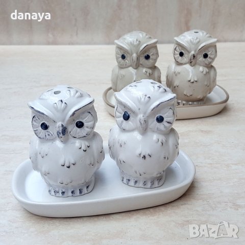 1628 Комплект керамични солнички на поставка Бухалчета, снимка 8 - Аксесоари за кухня - 44066623