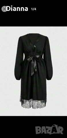 Дамска готик черна рокля с дантела и сатенена пандела, дълъг ръкав ROMWE
