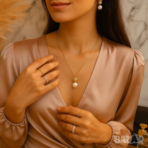 Класически комплект колие и обеци с перли, снимка 2 - Бижутерийни комплекти - 51926469