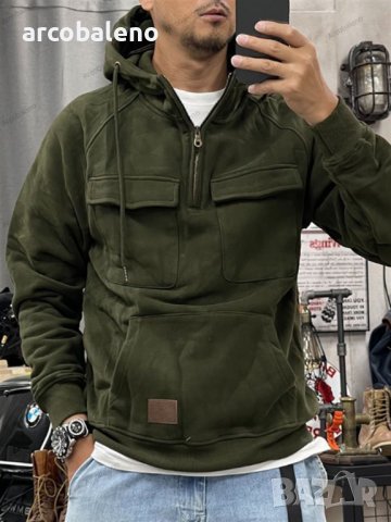 Мъжки едноцветен суичър с много джобове с качулка, 6цвята, снимка 6 - Суичъри - 44019407