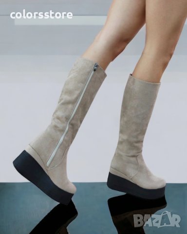 Ботуши на платформа - бежов велур с черно ходило -