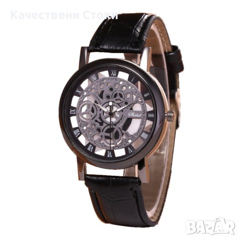 ⌚ Изискан прозрачен мъжки ръчен часовник с кварцов механизъм и кожена каишка "черен циферблат/ бял, снимка 3 - Мъжки - 42989569