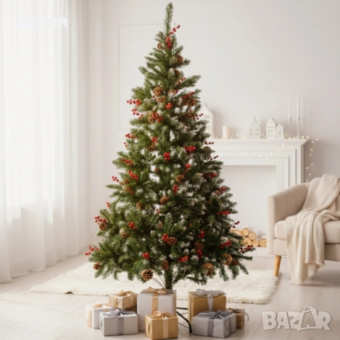 Изкуствена елха Luxury Diamond с червен глог и шишарки