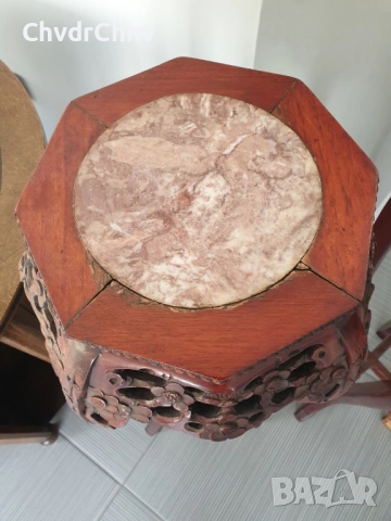 2бр/чифт/92-93см конзолна маса дърворезба-мрамор/дървена масичка-пиедестал-поставка за саксия, снимка 3 - Антикварни и старинни предмети - 52956454