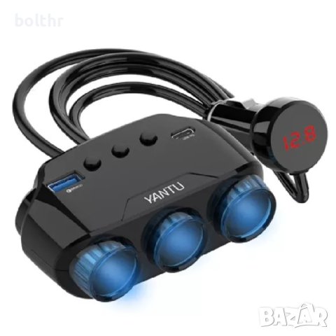 АВТО РАЗКЛОНИТЕЛ YANTU LM21, 3 ГНЕЗДА ВОЛТМЕТЪР, USB, USB TYPE-C