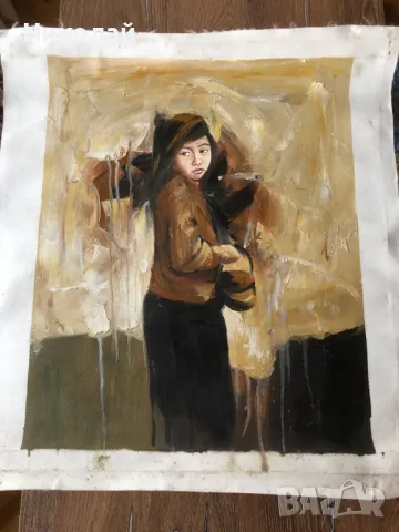 Картини – „Таитянски жени на плажа“ и авторски портрет на момиче, маслени бои, от Париж, нови, снимка 4 - Картини - 47476041