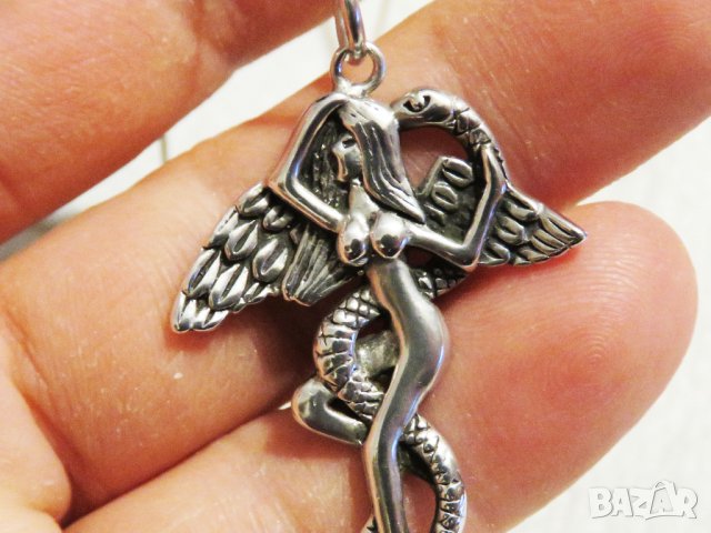  Рокерска Сребърна висулка, еротика Ева с змията  и сребърно синджирче сребро