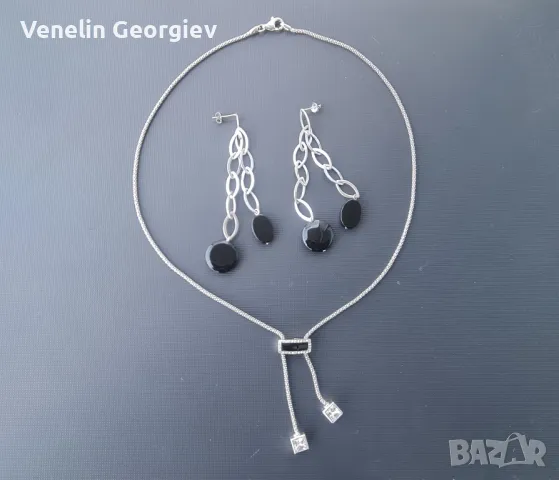Дамски комплект, сребърно колие и обици, с камъни циркони и оникс 925, снимка 4 - Колиета, медальони, синджири - 49831841