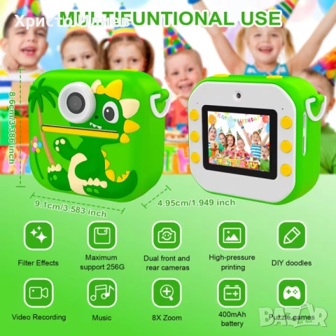 Детски фотоапарат за моментални снимки с принтер и вградени игри Зелен Син Розов, снимка 5 - Фотоапарати - 51455329