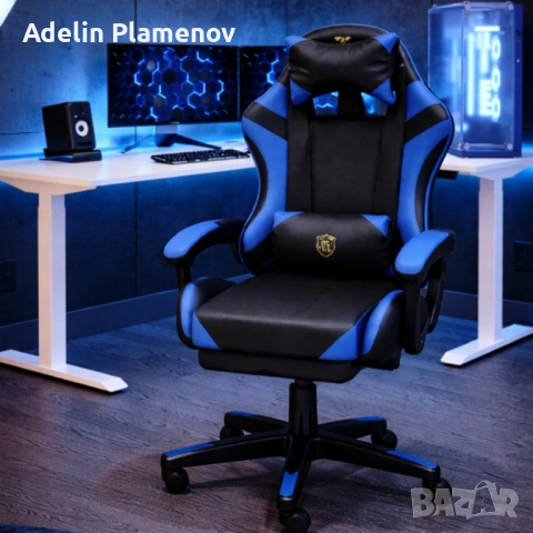 Ергономичен геймърски стол с масажна функция и поставка за крака – черно-син, снимка 7 - Столове - 53483816