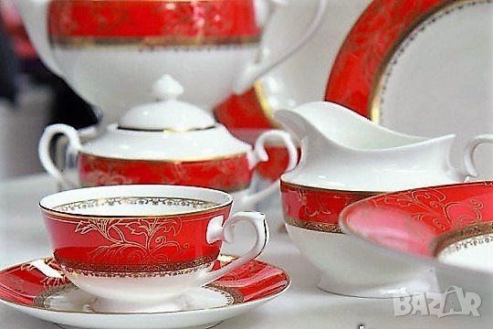 Червен сервиз за торта, костен порцелан със злато - Лукс, снимка 6 - Сервизи - 34808366
