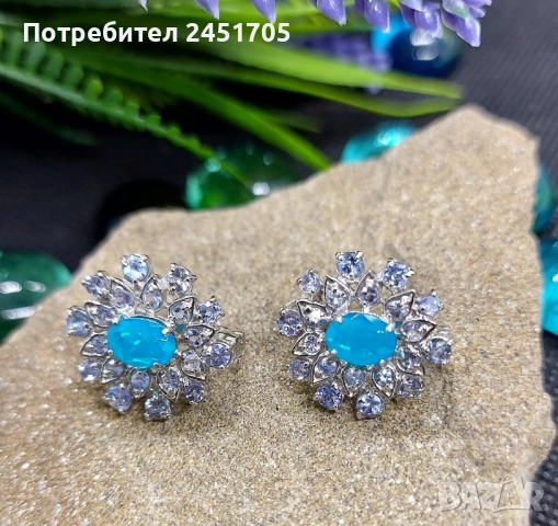 Сребърни обици с натурални танзанити и Син опал , снимка 5 - Обеци - 52661130