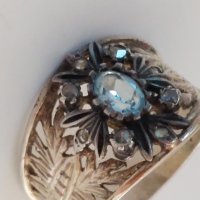 Стар дамски сребърен пръстен с аквамарин и малки бели сапфири, снимка 5 - Пръстени - 39350898