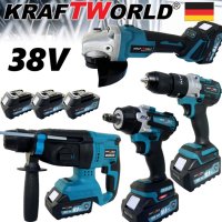 Комплект  Акумулаторни Безчеткови Машини 4в1 KrafTWorld 38V 10Ah Ъглошлайф,Гайковерт,Винтоверт, снимка 1 - Куфари с инструменти - 42958837