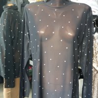 УНИКАЛНА черна шифонена блуза с полуполо яка - цялата обсипана със сребристи камъчета , снимка 3 - Тениски - 39390697