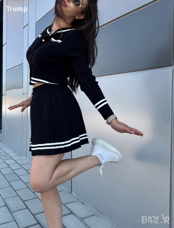 Хит!  Комплект градски шик от пола и скъсена жилетка, фино претиво, цвят черно, снимка 1