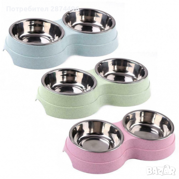 2988 Двойна хранилка пластмасова с метални купички, снимка 1