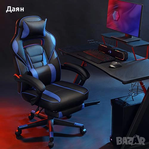 Геймърски стол с телескопична поставка за крака, регулируем, ергономична облегалка, лумбална опора S, снимка 1
