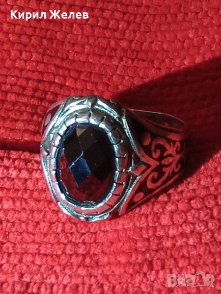 СТАР АНГЛИЙСКИ СРЕБЪРЕН ПРЪСТЕН СРЕБРО 925 НИЕЛО ОРНАМЕНТИКА с ЧЕРЕН АХАТ ФАСЕТИРАН 22279, снимка 1
