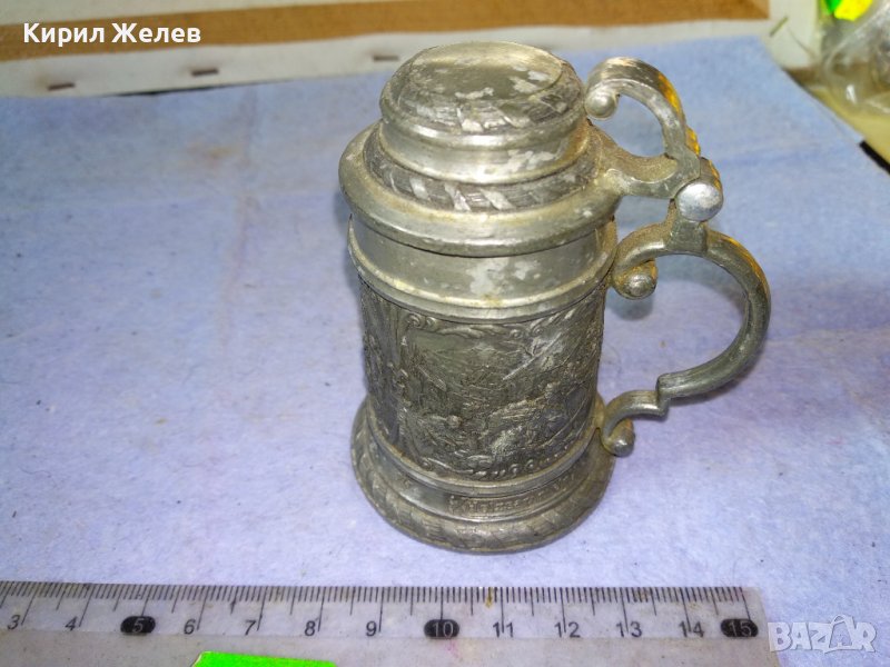 Стара РЯДКА БОГАТО ОРНАМЕНТИРАНА НЕМСКА КОЛЕКЦИОНЕРСКА ЦИНКОВА МИНИ ХАЛБА За БИРА с МАРКИРОВКА 42671, снимка 1